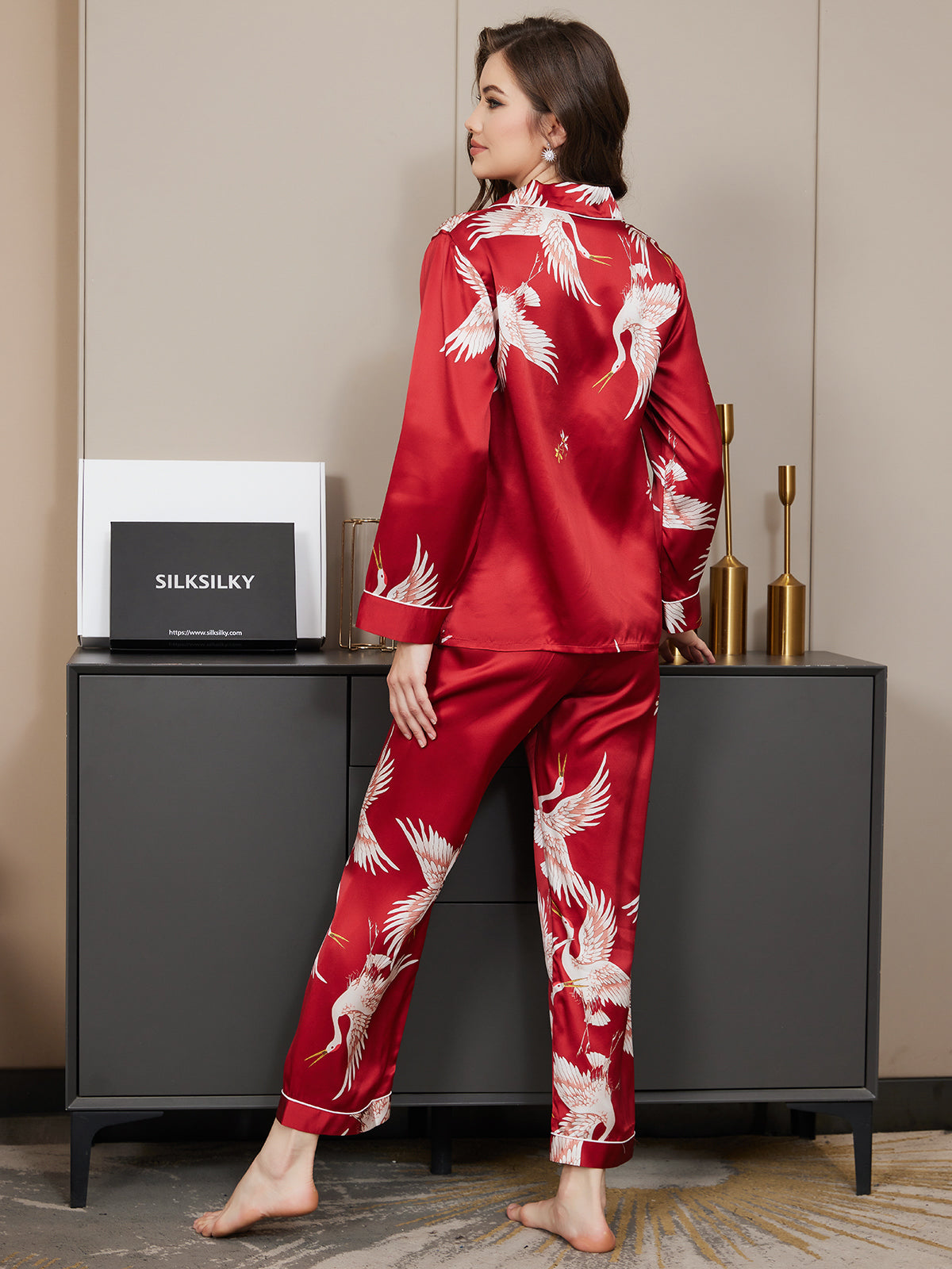 19-Momme Reine Seide – Klassischer Print mit kontrastierendem Paspel, Damen-Pyjama-Set