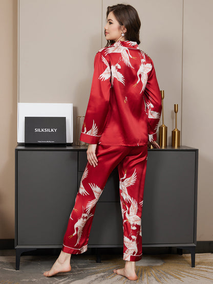 19Momme Ensemble Pyjama Complet à Imprimé Grue en Soie 100% Murier pour Femme