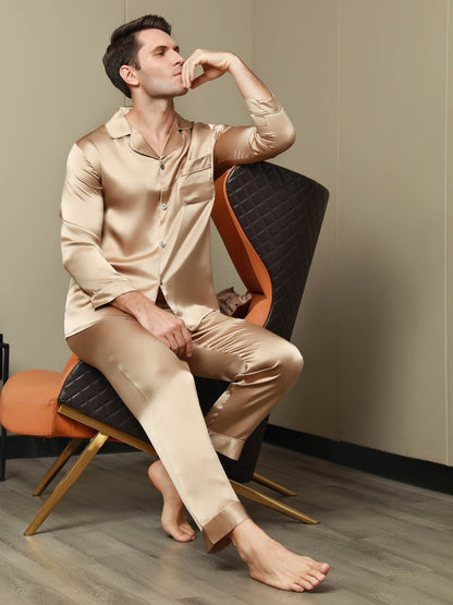 Pyjama à Revers en Pure Soie pour Hommes 2Pcs