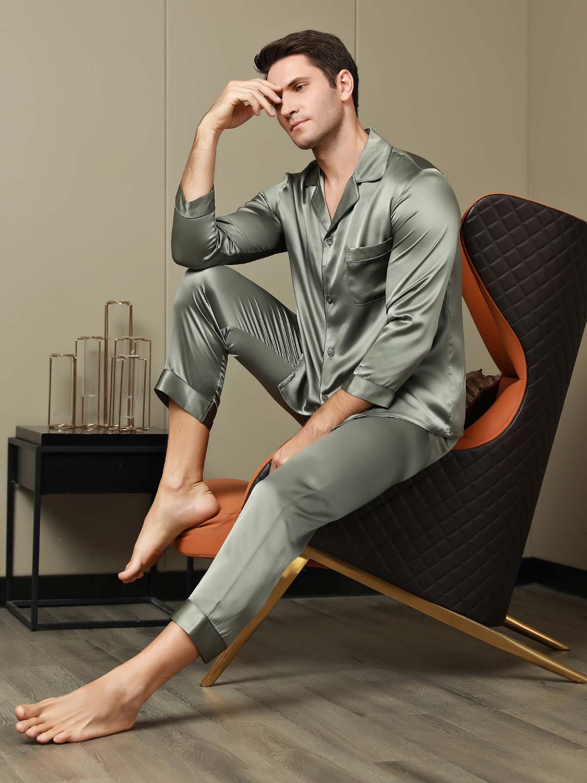 Pyjama à Revers en Pure Soie pour Hommes 2Pcs