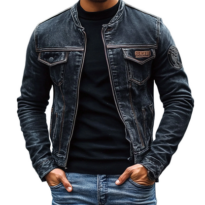 Heren vintage jeansjack met gewassen baseballkraag en slim-fit pasvorm