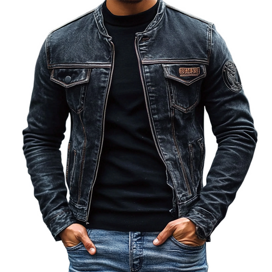 Herren Vintage Jeansjacke mit gewaschenem Baseballkragen und Slim-Fit-Passform