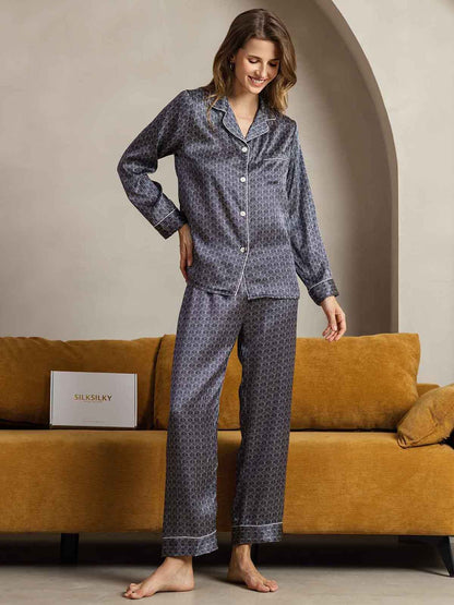 2-teiliges Damen-Pyjama-Set aus reiner Seide mit Paspelierung
