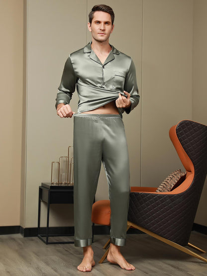 Pyjama à Revers en Pure Soie pour Hommes 2Pcs