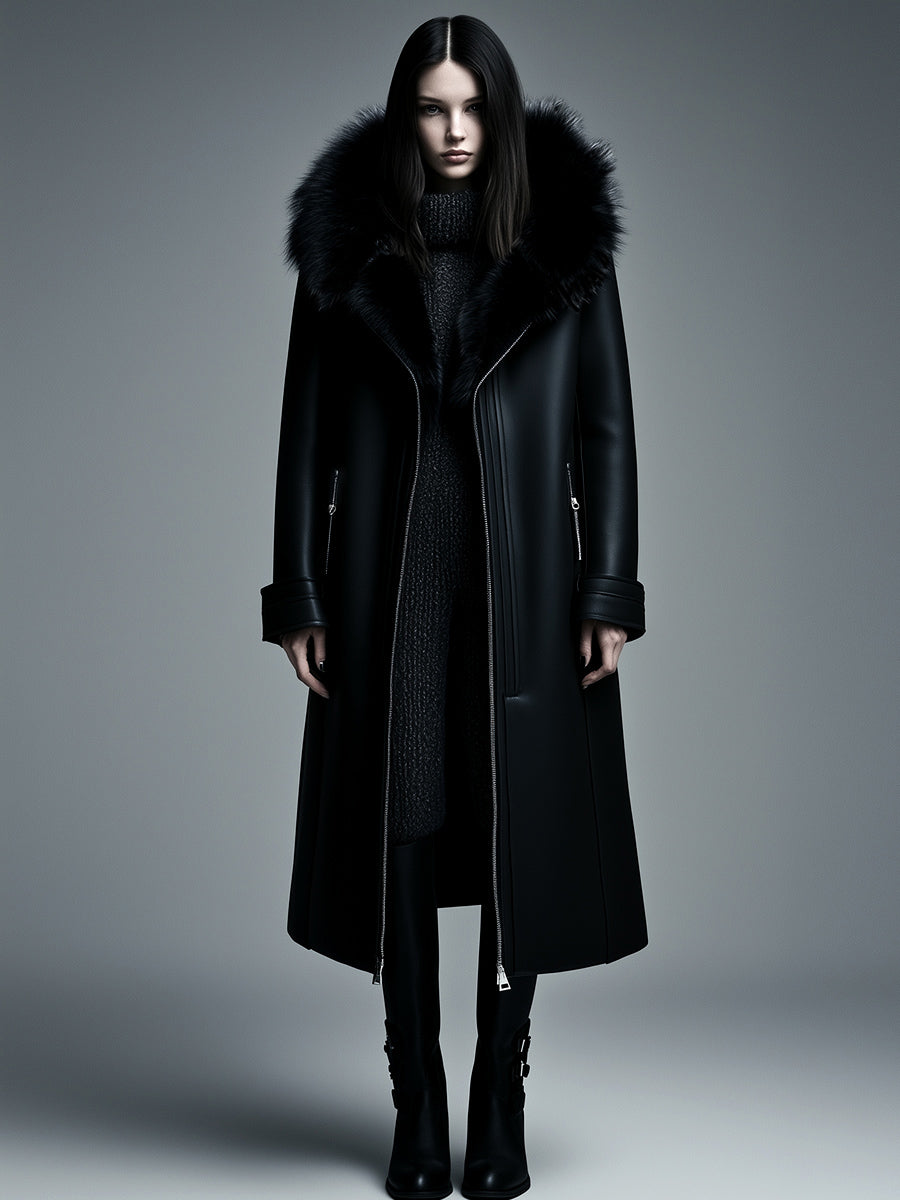 Dames trenchcoat van imitatieleer met capuchon, warm gevoerd en met bontafwerking
