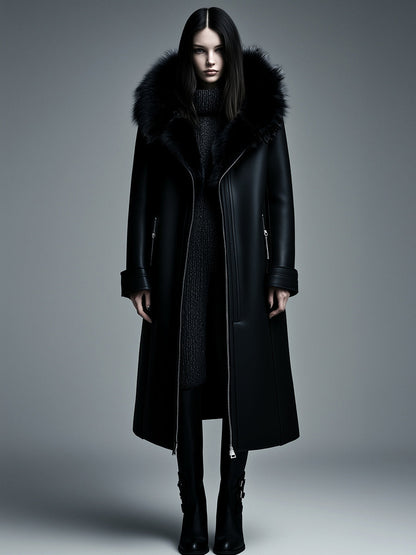 Dames trenchcoat van imitatieleer met capuchon, warm gevoerd en met bontafwerking