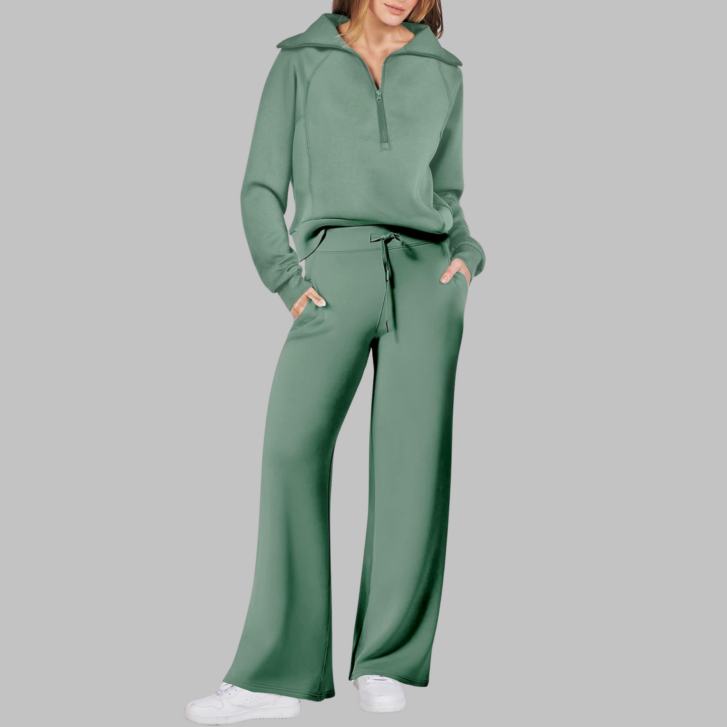Fleur - Comfortabele halve ritssluiting sweatshirt en wijde broek set