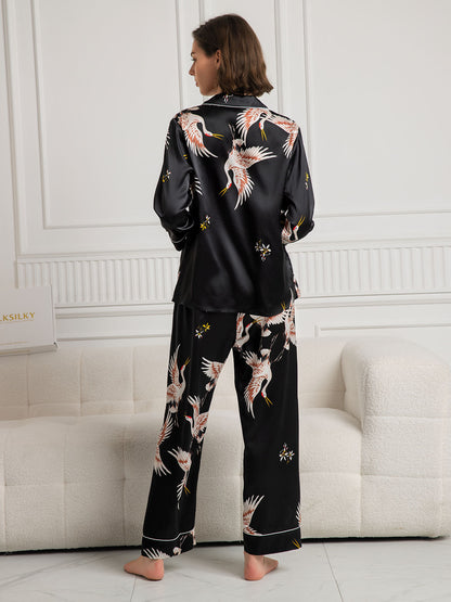 19-Momme Reine Seide – Klassischer Print mit kontrastierendem Paspel, Damen-Pyjama-Set
