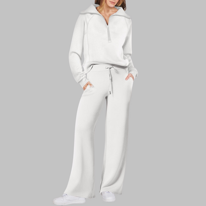 Fleur - Comfortabele halve ritssluiting sweatshirt en wijde broek set