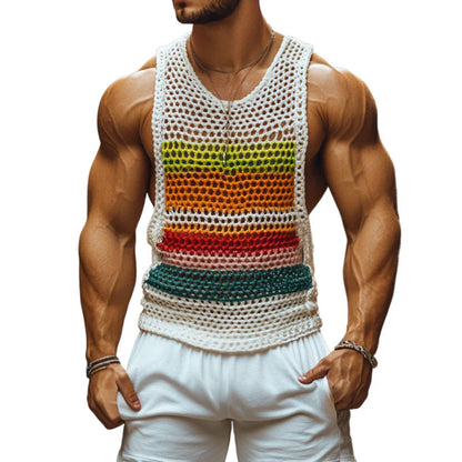 【24-uurs verzending】Mannen Casual Ronde Hals Gestreepte Gehaakte Tanktop MTA0774D7M