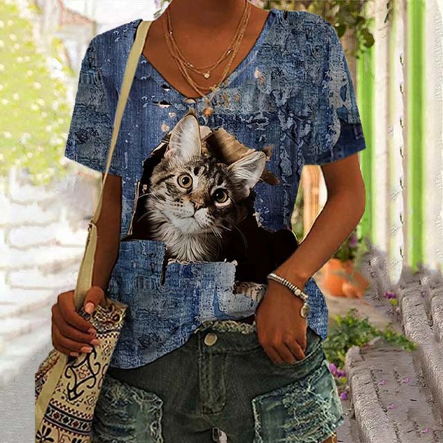 Vintage T-shirt met kattenprint