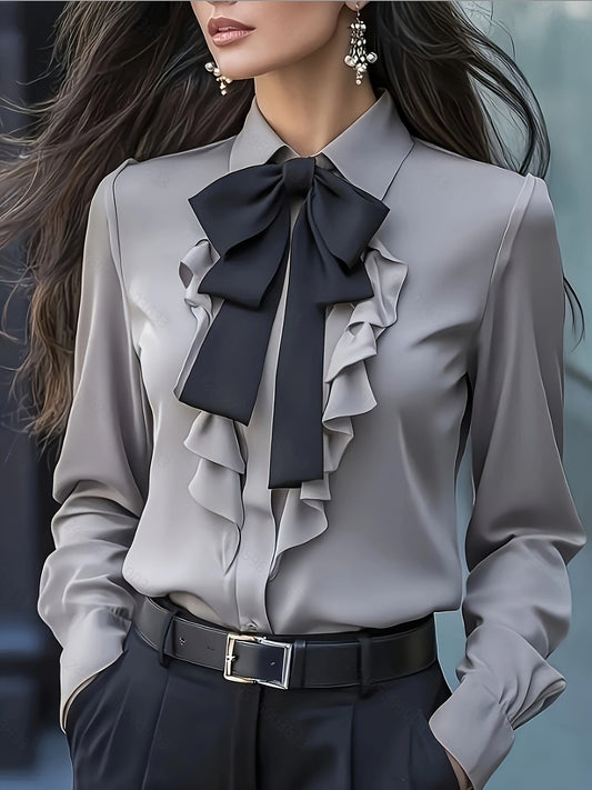 Dwyna - Blouse met lange mouwen, knoopsluiting en strik met ruches