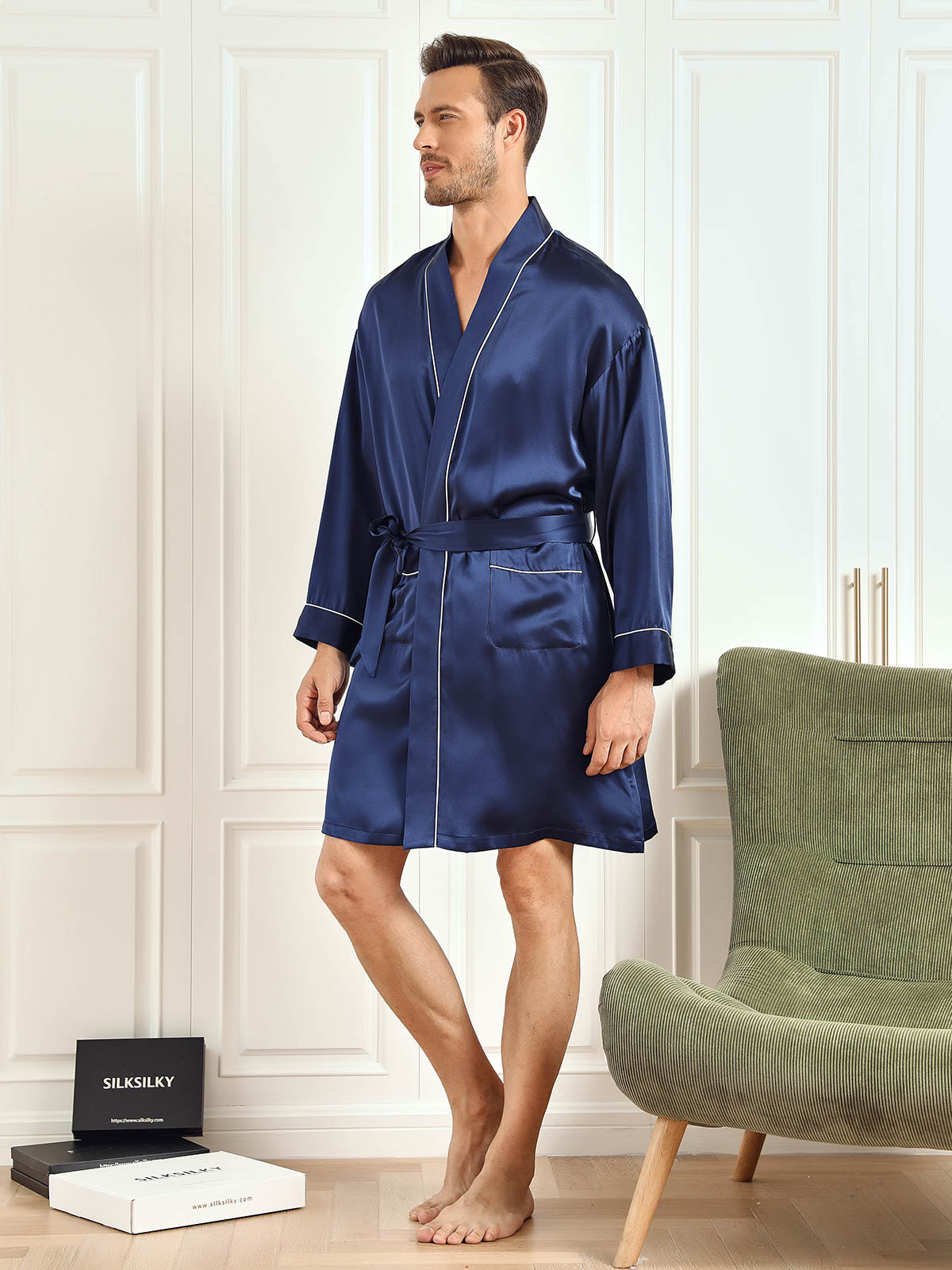 Homme Peignoirs Pure Soie Couleur Unie Vacances Ceinture