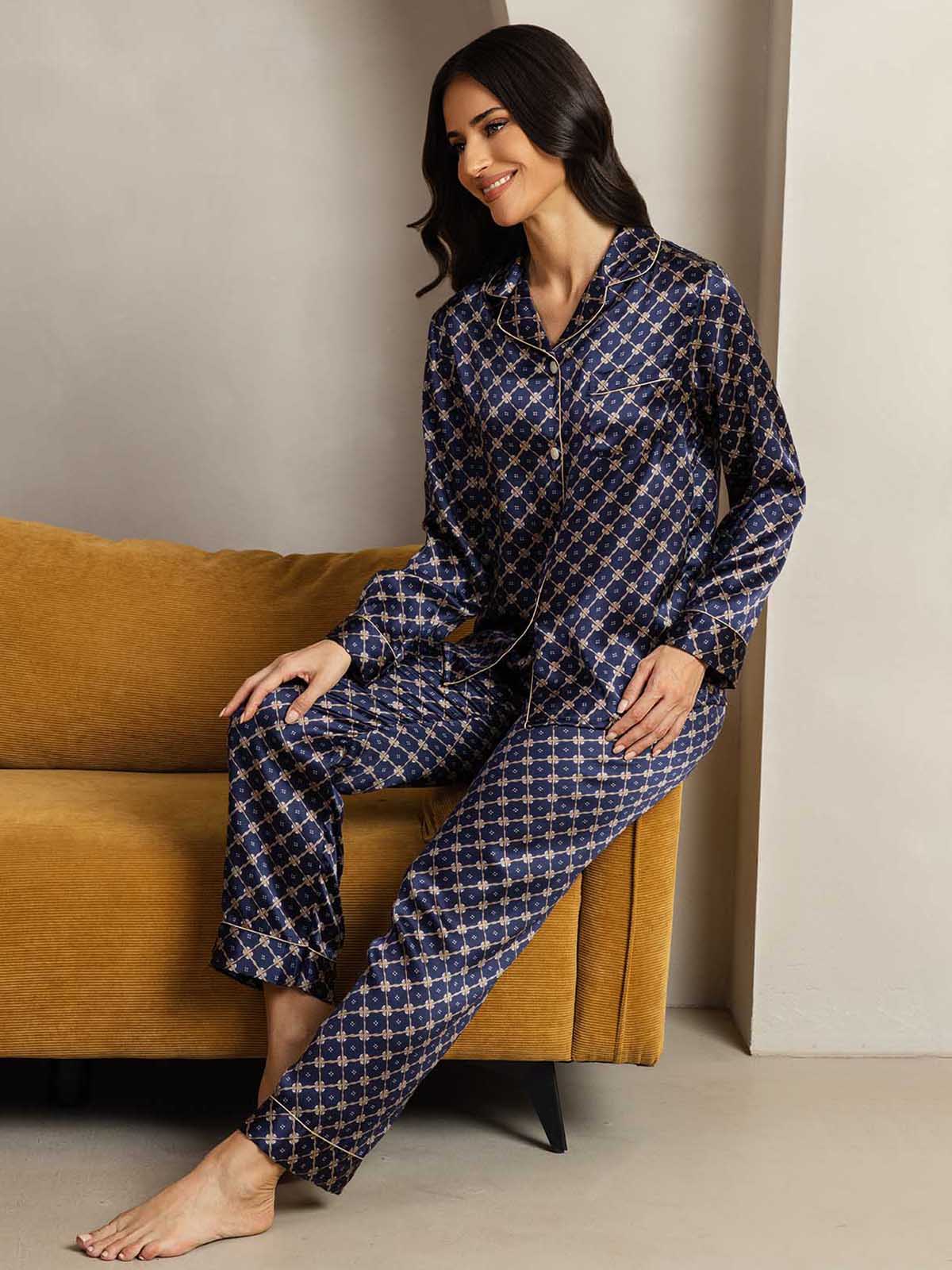 2-teiliges Damen-Pyjama-Set aus reiner Seide mit Paspelierung