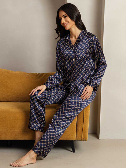 2-teiliges Damen-Pyjama-Set aus reiner Seide mit Paspelierung