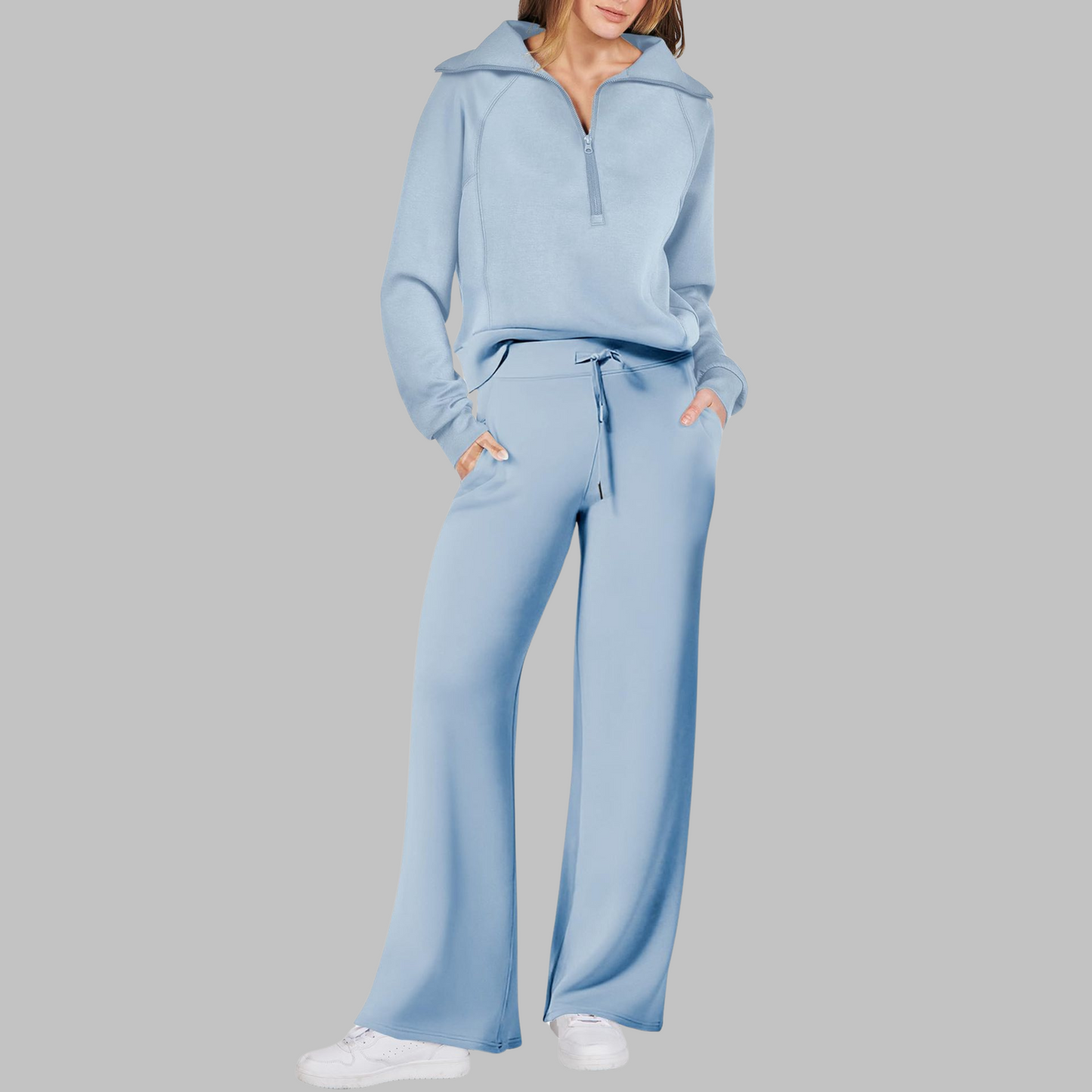Fleur - Comfortabele halve ritssluiting sweatshirt en wijde broek set