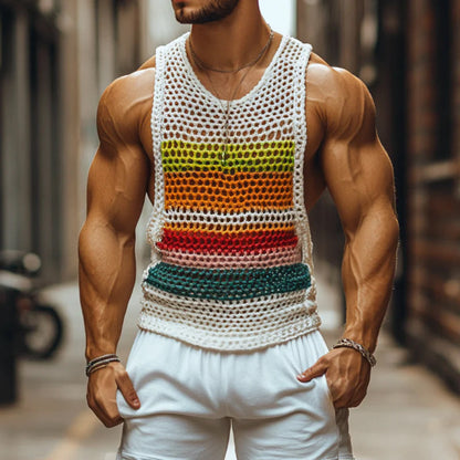 【24-uurs verzending】Mannen Casual Ronde Hals Gestreepte Gehaakte Tanktop MTA0774D7M
