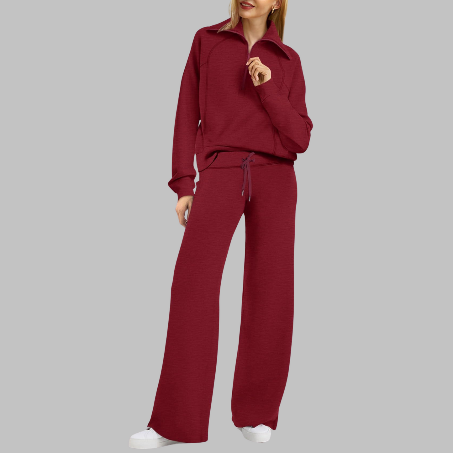 Fleur - Comfortabele halve ritssluiting sweatshirt en wijde broek set