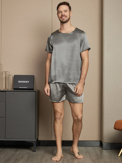 Casual pyjamaset voor heren, van pure zijde, met korte mouwen