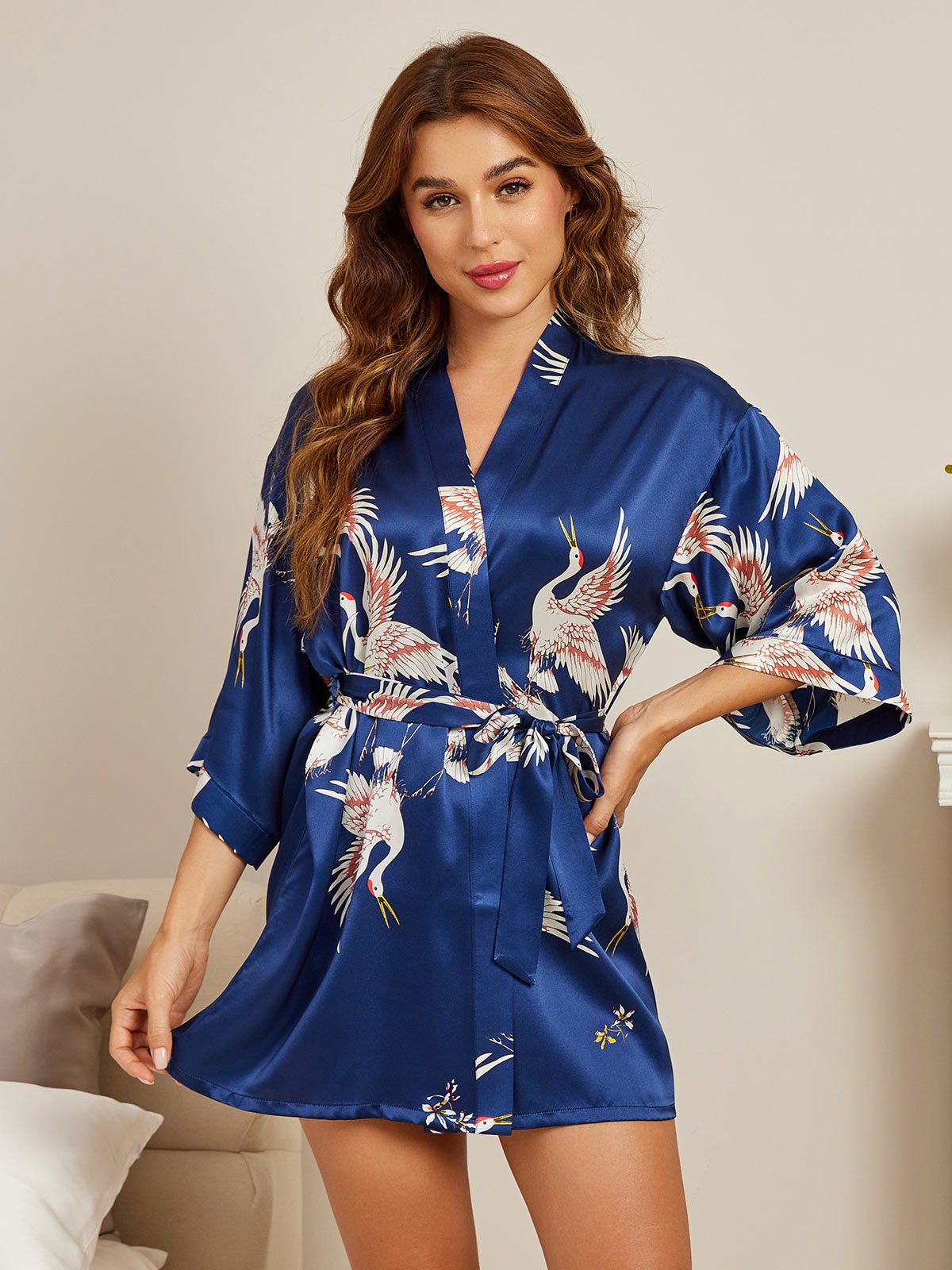 19 Momme Kimono Robe Kort van 100% Moerbeizijde met Kraanvogelprint voor Dames