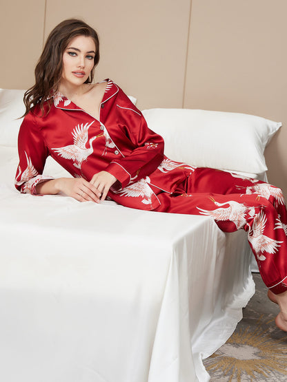 19-Momme Reine Seide – Klassischer Print mit kontrastierendem Paspel, Damen-Pyjama-Set
