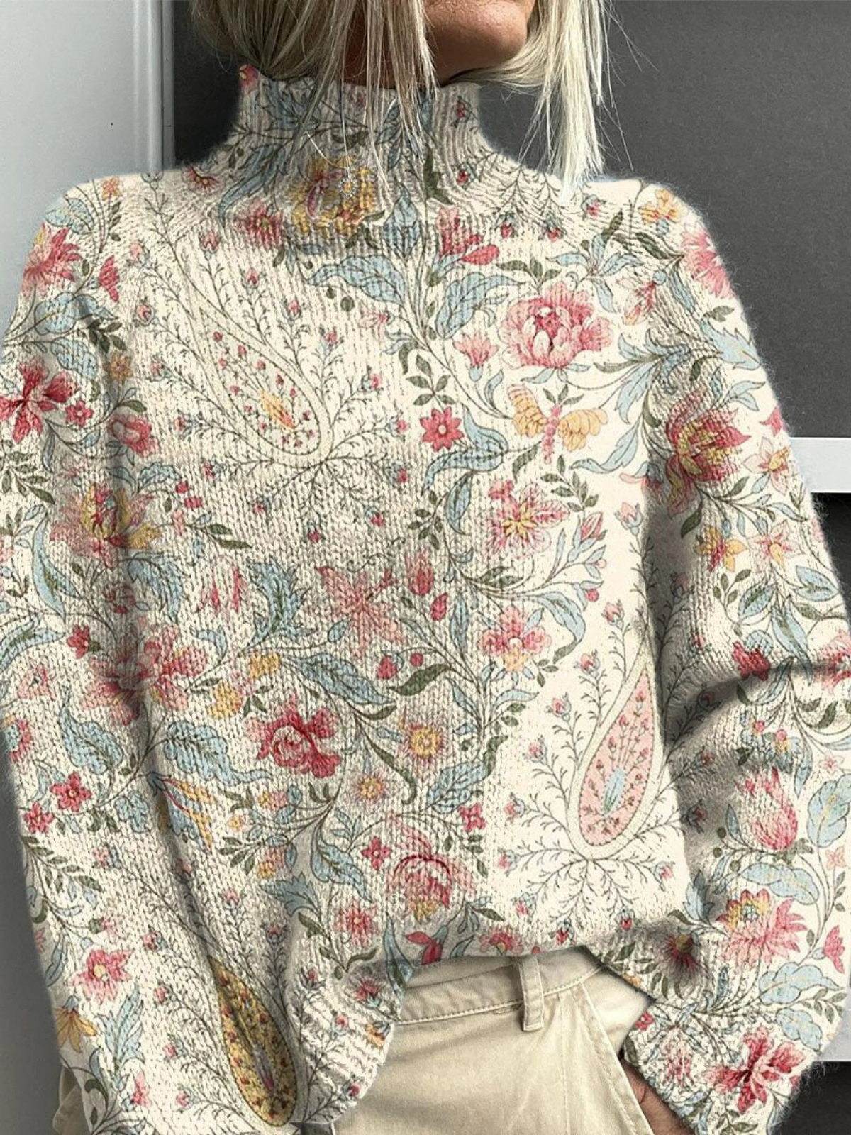 Vintage Paisley Floral Print Strick-Turtleneck Pullover