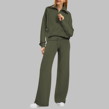 Fleur - Comfortabele halve ritssluiting sweatshirt en wijde broek set