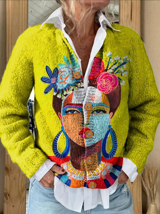 Cardigan met geolied portret van Frida en knopenlijst