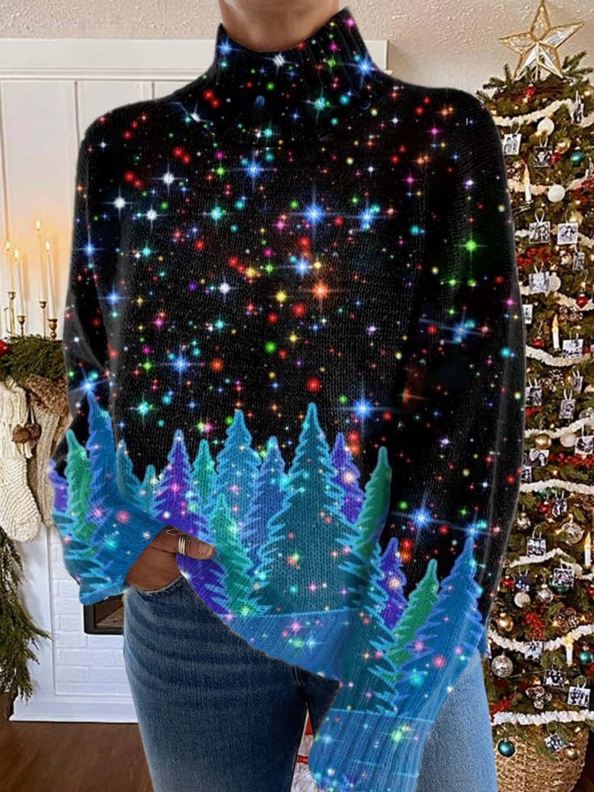 Glitterende Kerstprint Gebreide Coltrui