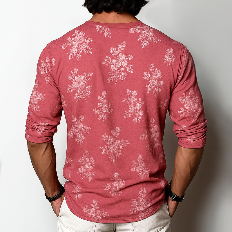 Herren Langarm-T-Shirt mit Blumenmuster und Henley-Kragen