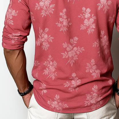 Herren Langarm-T-Shirt mit Blumenmuster und Henley-Kragen