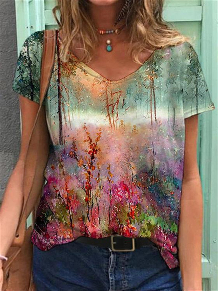 Floral Kunstreproduktion V-Ausschnitt T-Shirt