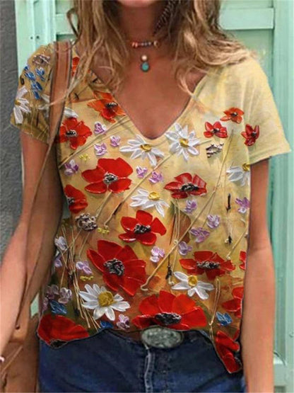 Floral Kunstreproduktion V-Ausschnitt T-Shirt