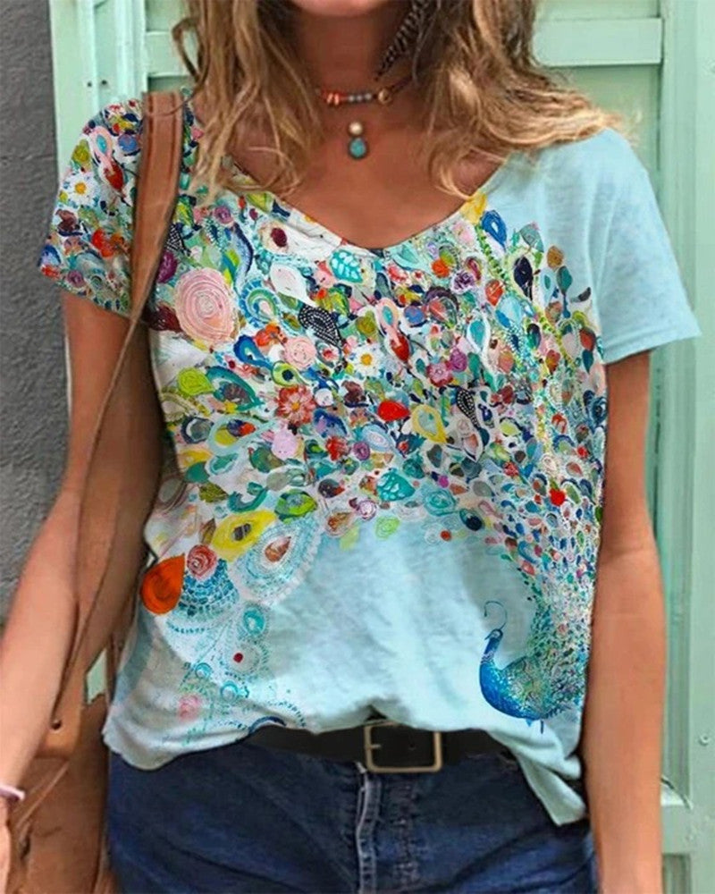 Floral Kunstreproduktion V-Ausschnitt T-Shirt