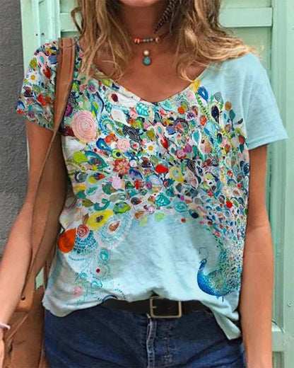 Floral Kunstreproduktion V-Ausschnitt T-Shirt