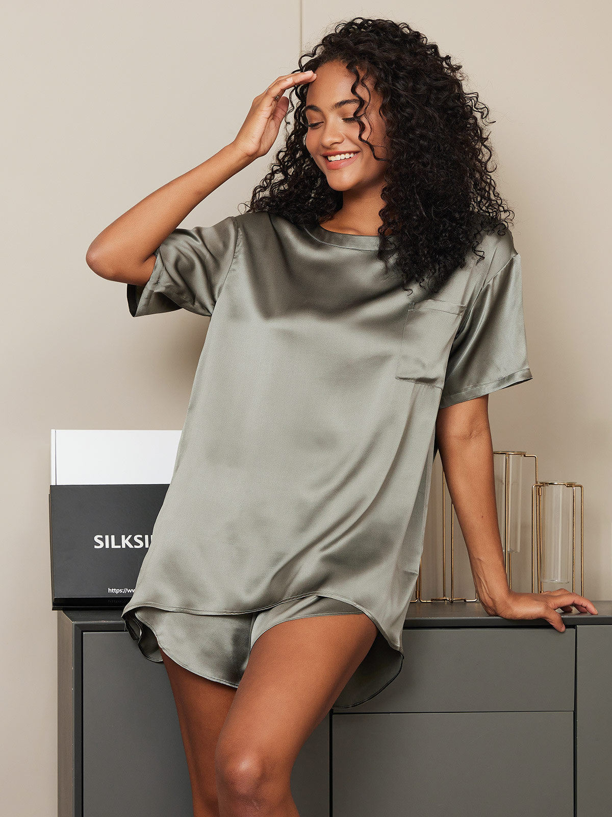 Damespyjamashirt van pure zijde, casual (short niet inbegrepen)