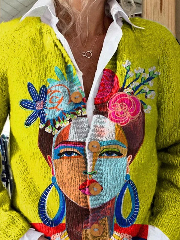 Cardigan met geolied portret van Frida en knopenlijst