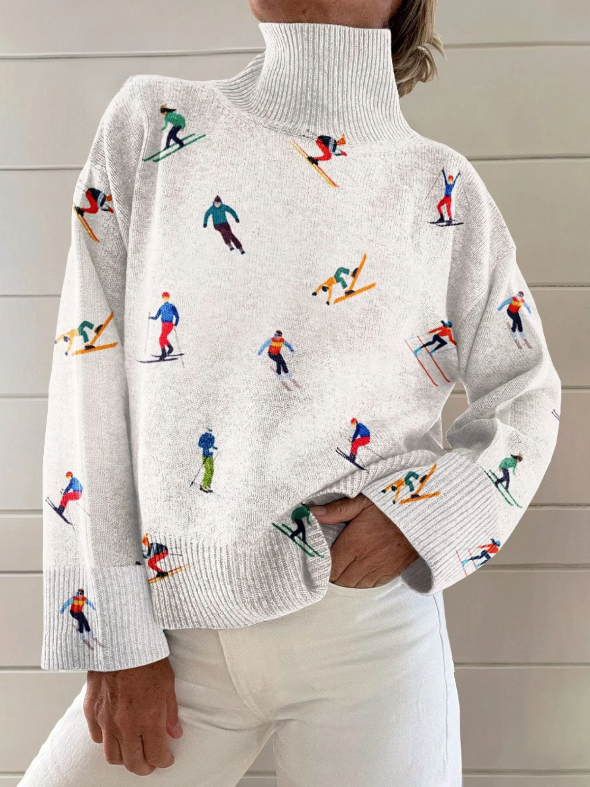 Vintage Winter Ski Print Strick-Turtleneck Pullover