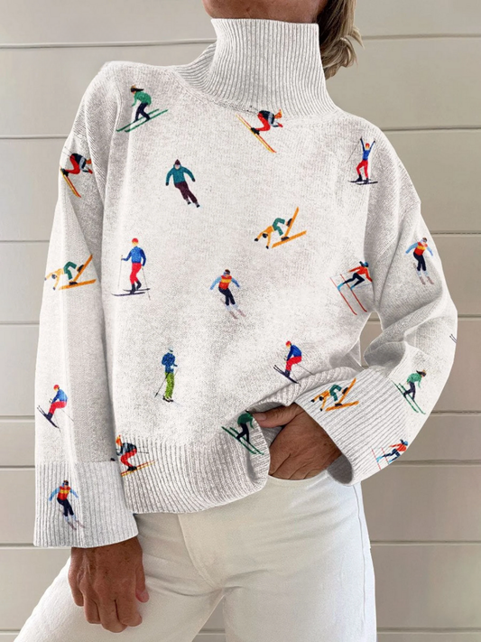 Vintage Winter Ski Print Strick-Turtleneck Pullover