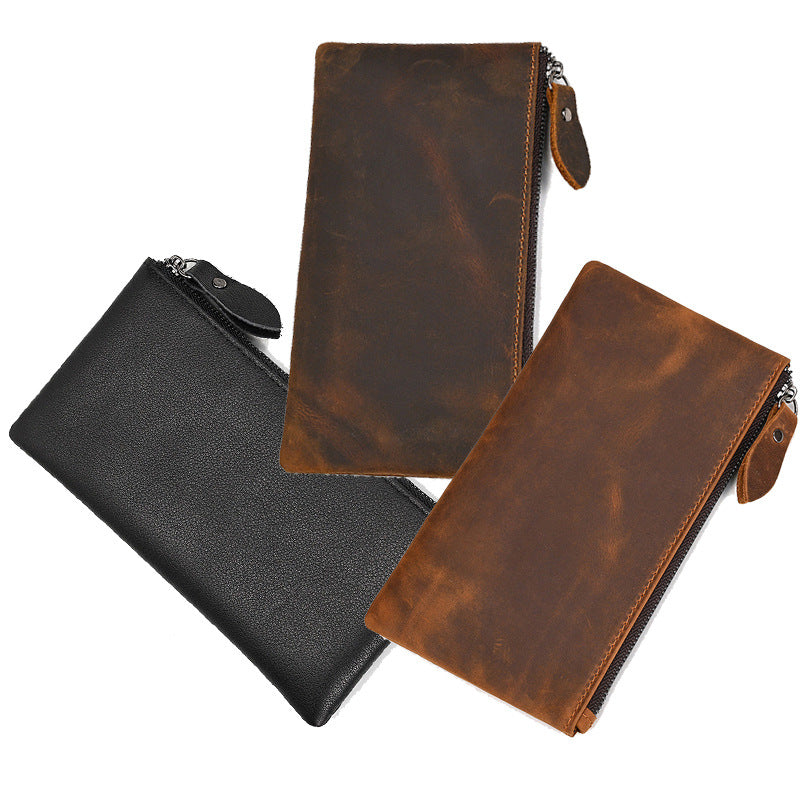 Herren Vintage Crazy Horse Leder Großraum Reißverschluss Lange Brieftasche 41489562X
