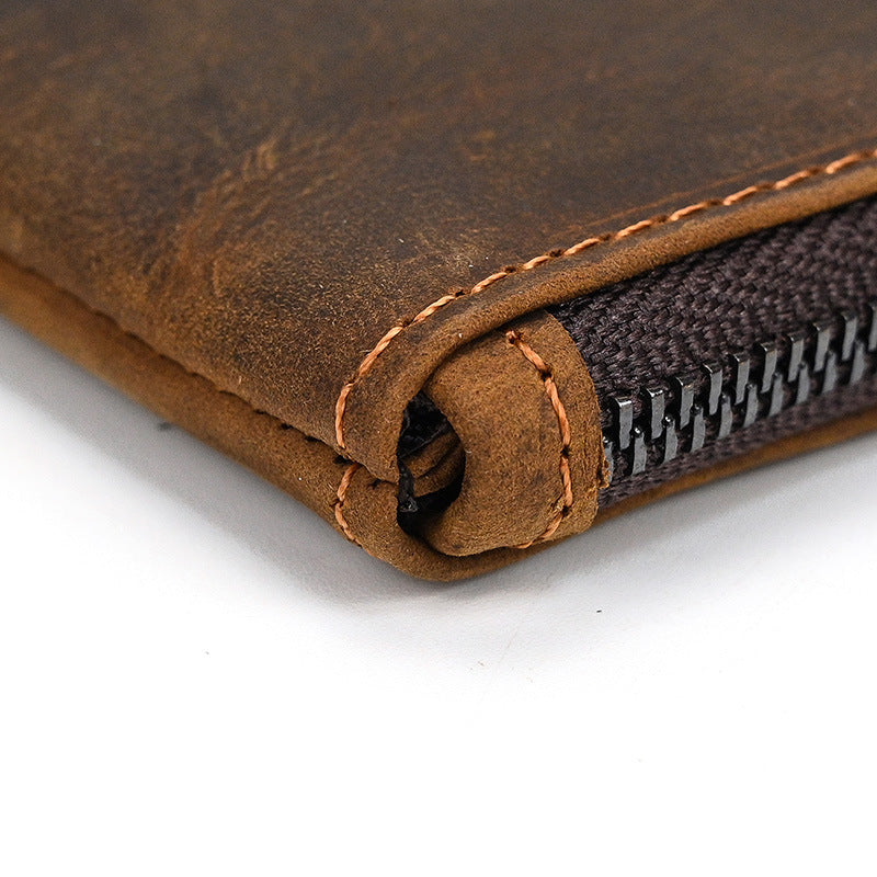 Herren Vintage Crazy Horse Leder Großraum Reißverschluss Lange Brieftasche 41489562X