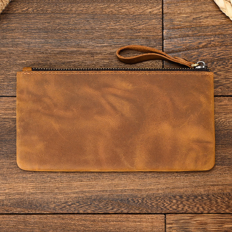 Herren Vintage Crazy Horse Leder Großraum Reißverschluss Lange Brieftasche 41489562X