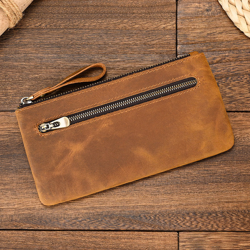 Herren Vintage Crazy Horse Leder Großraum Reißverschluss Lange Brieftasche 41489562X