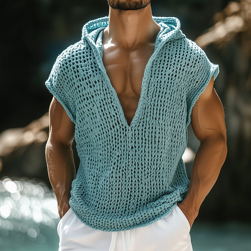 【24-hour shipping out】Men's Retro Casual Knit Hooded Tank Top MTA0285D0TO