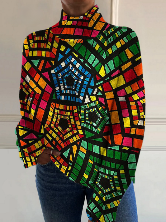 Retro Abstrakte Farbige Fünfeckige Geometrische Kunst Druck Strick Rollkragenpullover