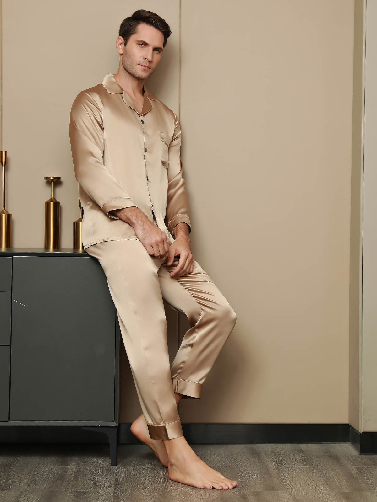 Pyjama à Revers en Pure Soie pour Hommes 2Pcs