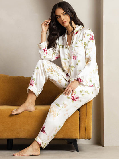 2-teiliges Damen-Pyjama-Set aus reiner Seide mit Paspelierung