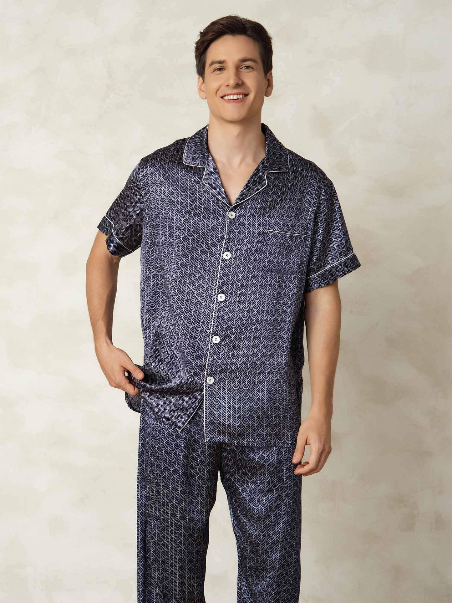 Homme Pyjamas Pure Soie Géométrique Long 2 Pièces