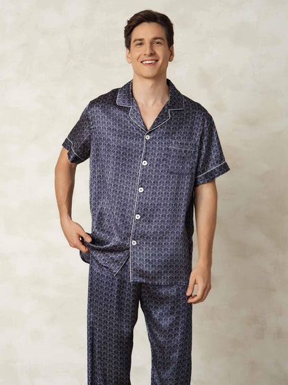 Homme Pyjamas Pure Soie Géométrique Long 2 Pièces