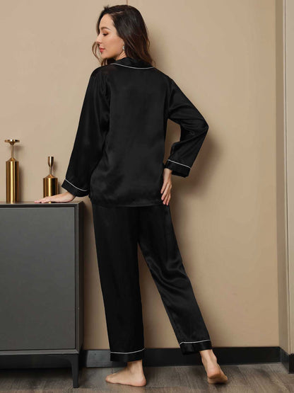 2-teiliges Damen-Pyjama-Set aus reiner Seide mit Paspelierung